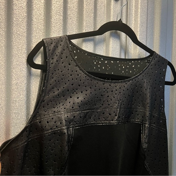 Bianca Nygard midi black dress faux leather trim along neckline & shoulders 16W - Picture 4 of 8